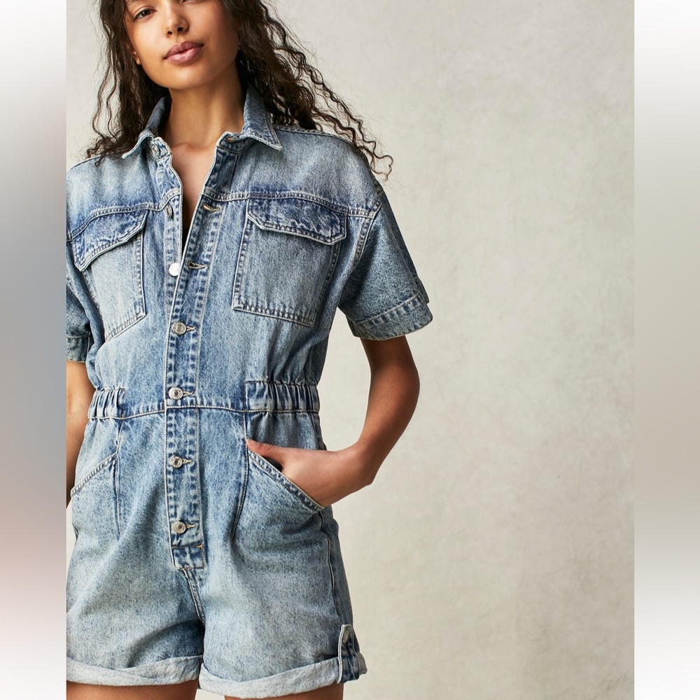 Free People Light Wash Denim Short Sleeve Jumpsuit Romper